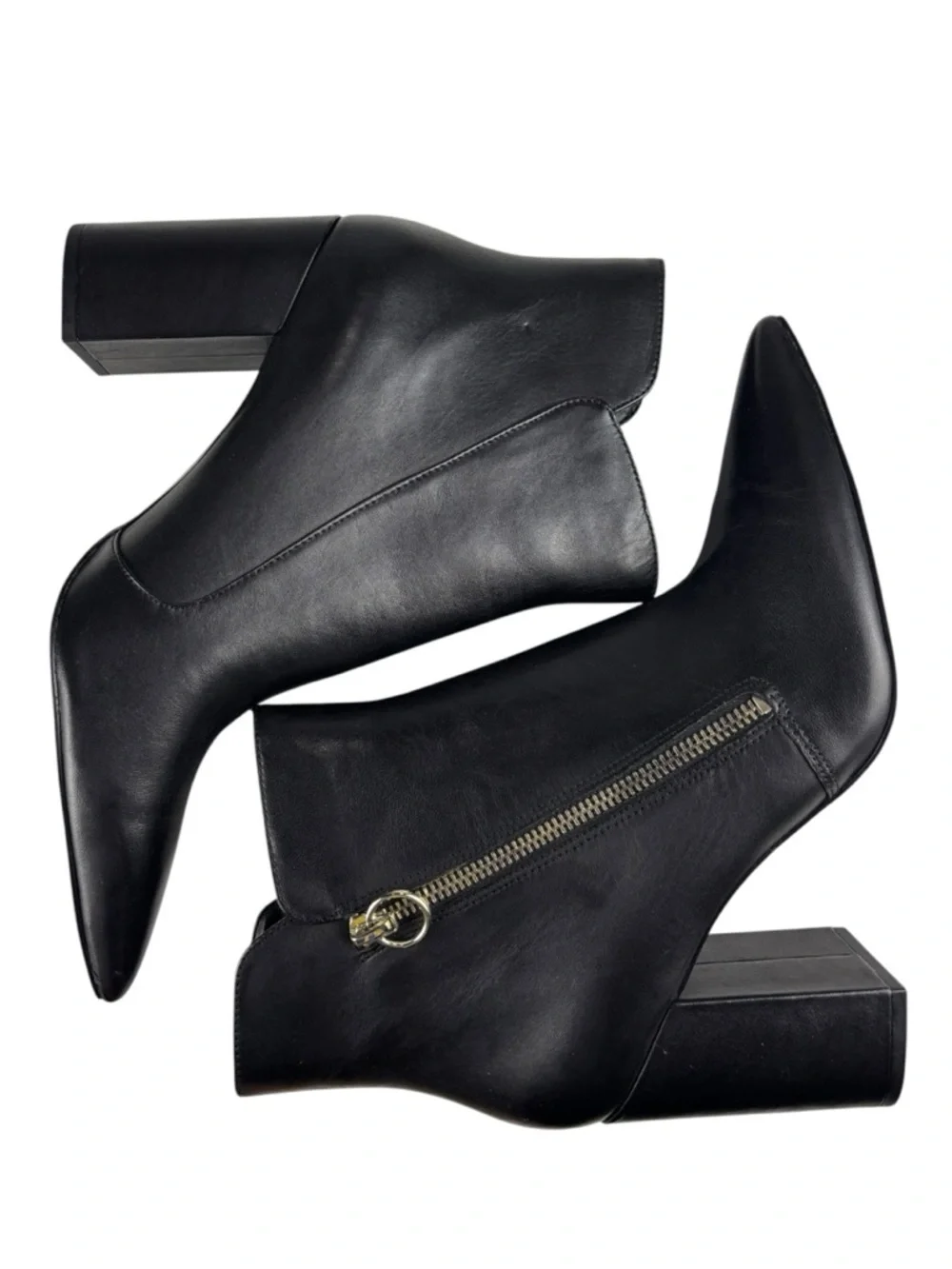 NINE WEST RUSSITY BLACK LEATHER POINTED TOE ASYMMETRIC ZIP ANKLE BOOTS BOOTIES
